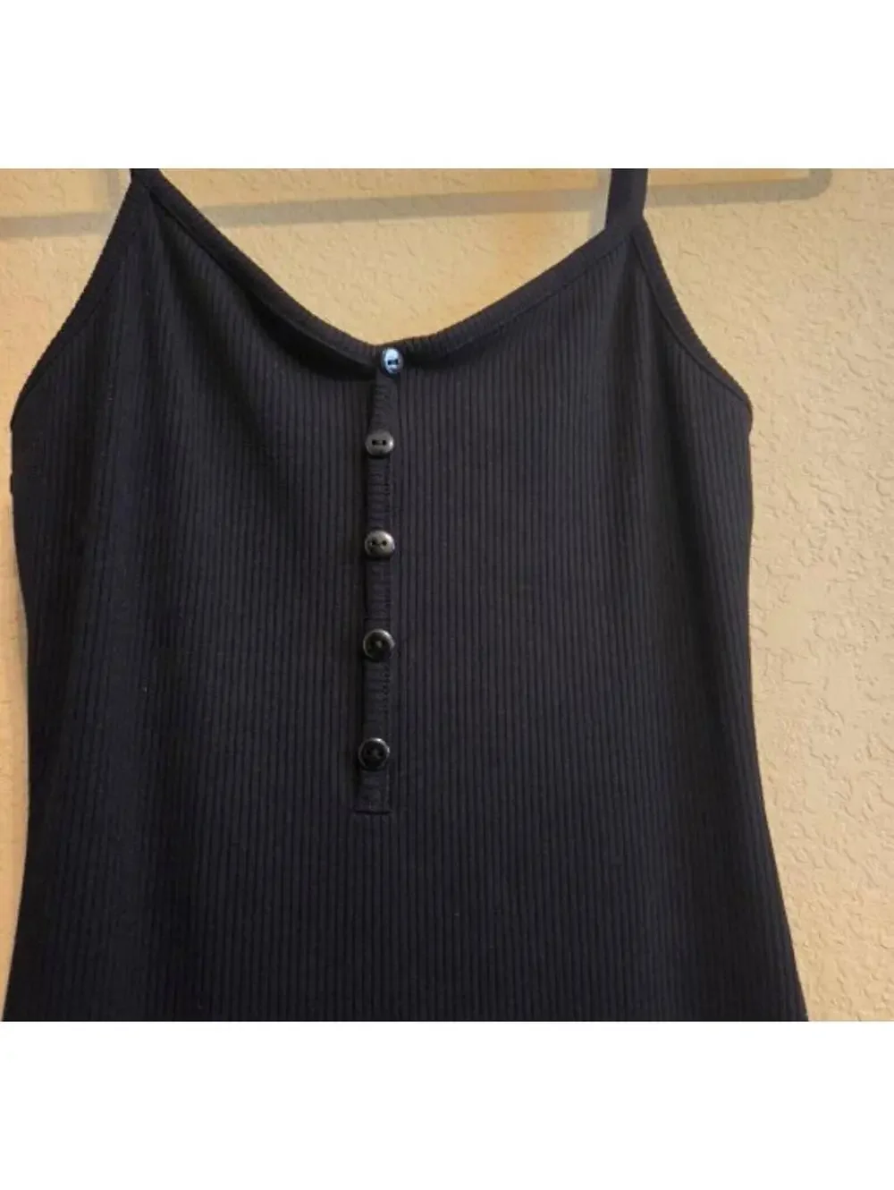 Popular 21 Black Ribbed Bodycon Mini Dress Size Medium Spaghetti Strap - Picture 3 of 6